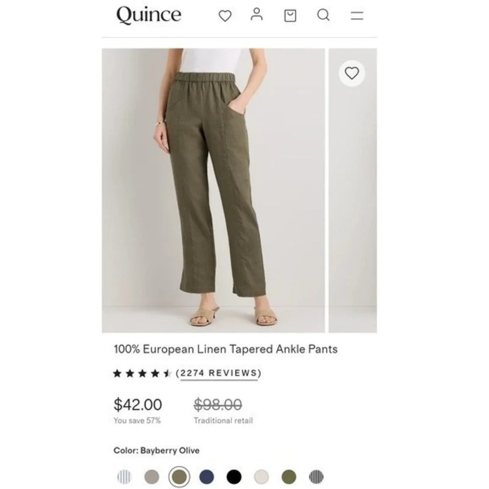 Quince 100% European Linen Tapered Ankle Pant Light Cargo Olive Green size XL